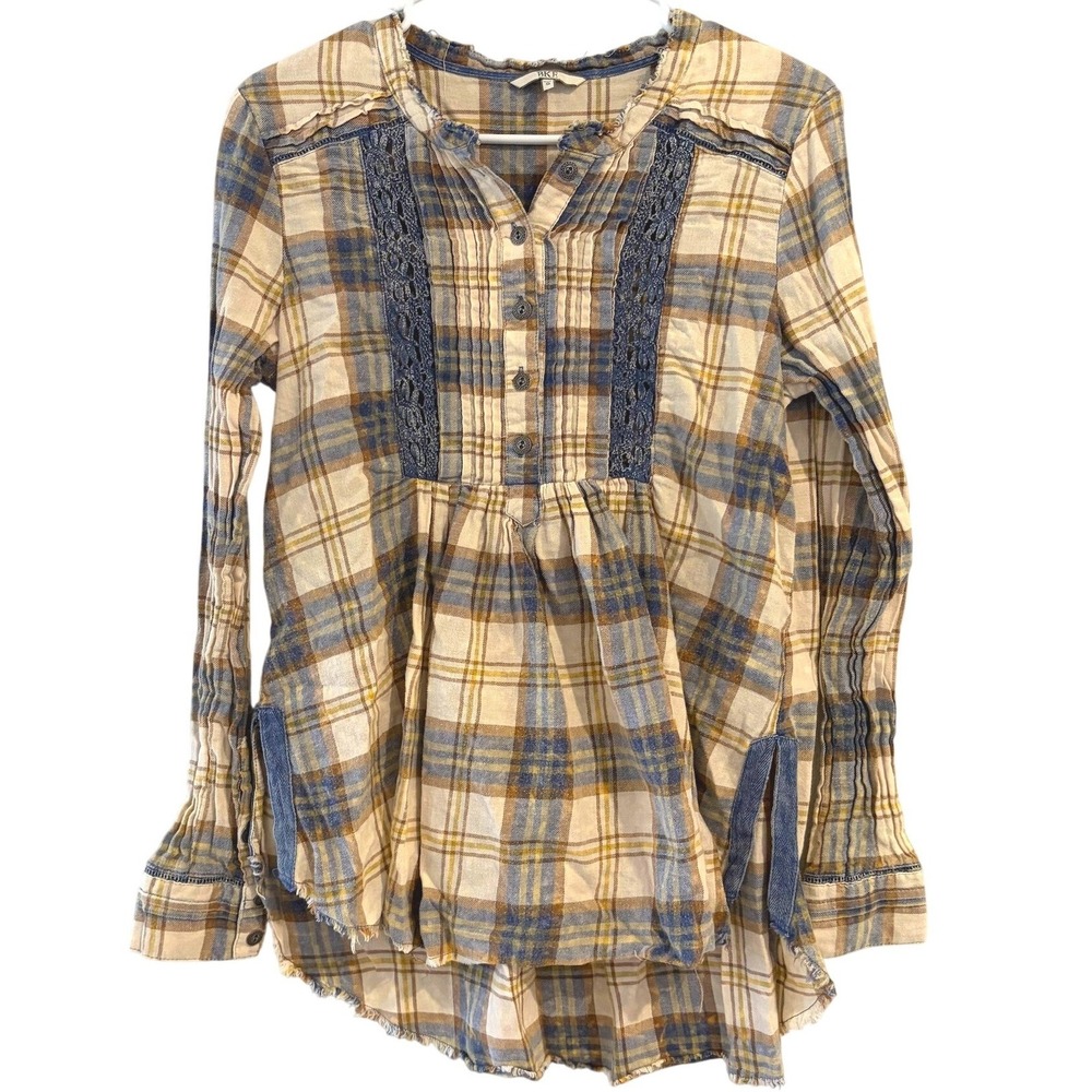 BKE Plaid Crochet Lace Button Up Top Boho Raw Edge Long Sleeve SMALL